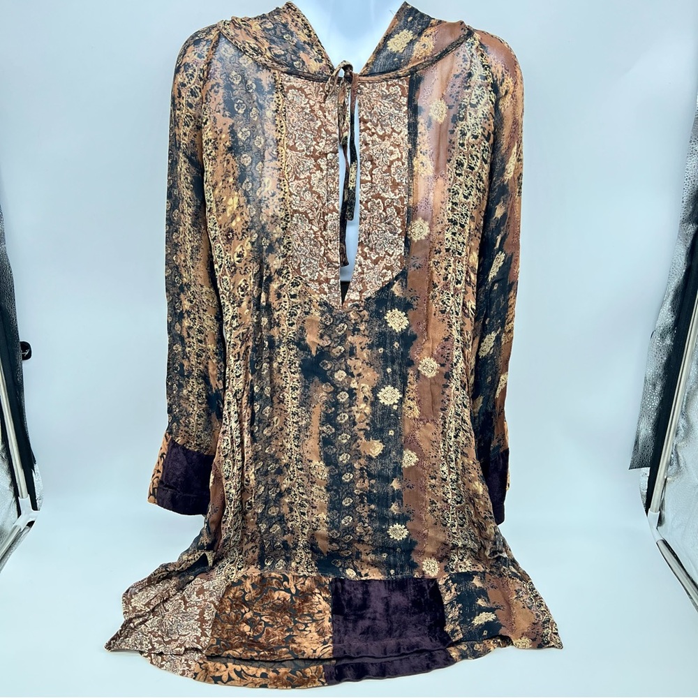 Faded Glory Brown and Gold Patterned Hoodie Tunic Blouse/Mini Dress Size S (4-6)